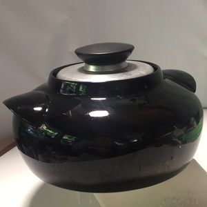 Vintage Hall mid century black ceramic bean pot with aluminum lid.